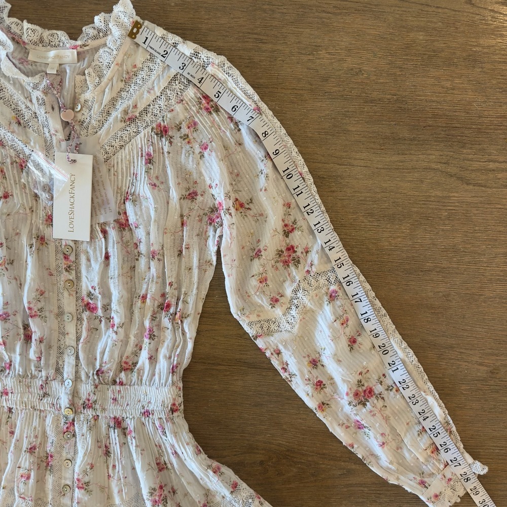 NEW Love Shack Fancy Calia Long Sleeve Mini Dress-Ivy Blush Floral-Womens Sze XS - Picture 13 of 16
